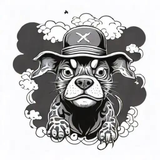 Luffy From One Piece As A Pitbull Dog With Straw Hat With Anime Clouds At The Backround