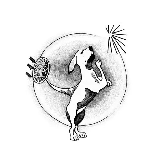 A Fierce Blackwork Tattoo Of A Dog Catching A Frisbee In Mid-air With An Electric Bolt Background