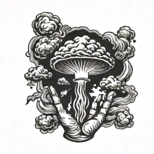 Traditional Black Work Small Tattoo Of Atomic Bomb Mushroom Cloud Explosion From An Open Palm