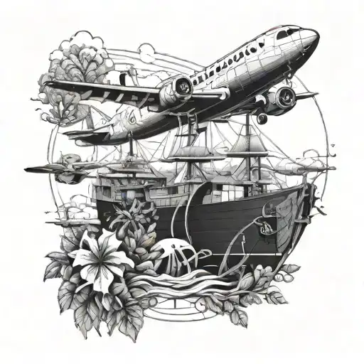 A Mechanical Blueprint Of A Boat And Aircraft Intertwined With Nature Elements