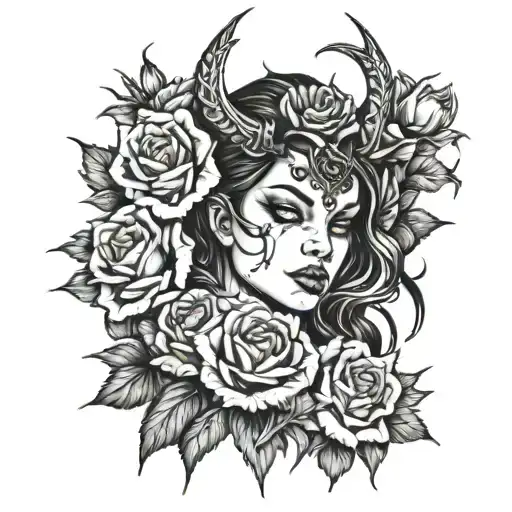 Female Demon Surrounded By Roses