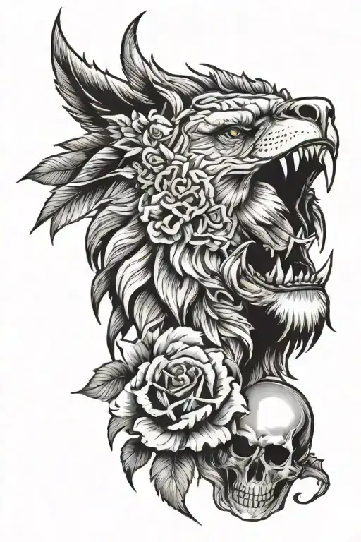 Lion Eagle And Skull With Rose In Its Mouth