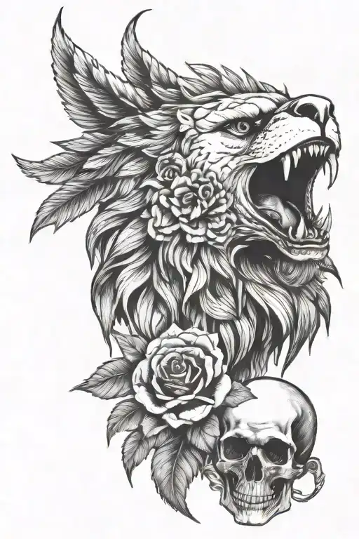Lion Eagle And Skull With Rose In Its Mouth