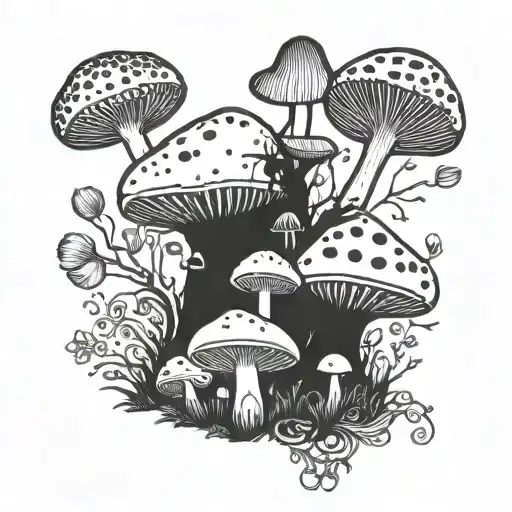 A Whimsical Mushroom Forest With Hidden Kitchen Utensils Intertwined In The Design