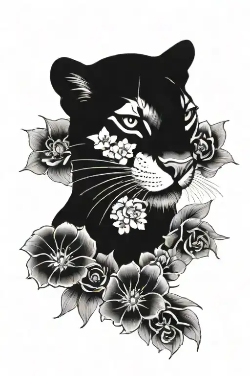 Black Panter And Flowers Surrounding