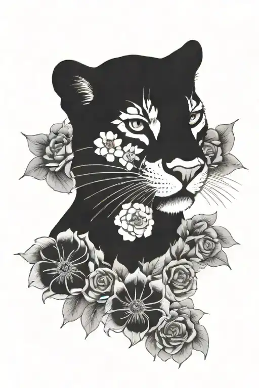 Black Panter And Flowers Surrounding