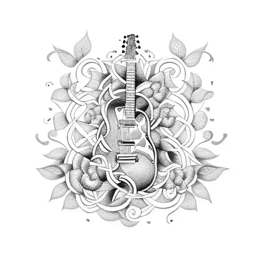 A Guitar With Intricate Details And Musical Notes Intertwined With Vines And Flowers