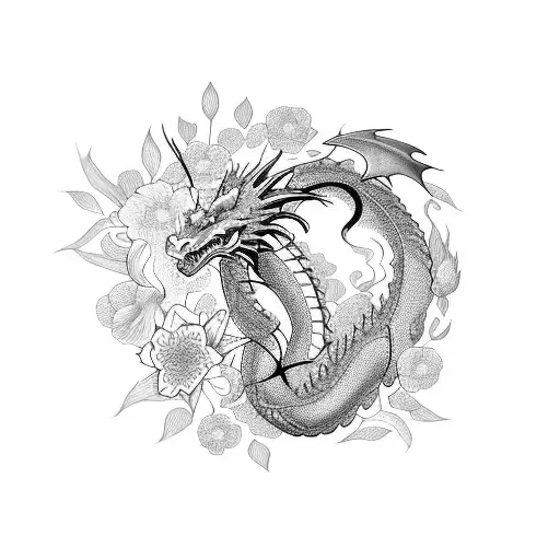 A Majestic Dragon Surrounded By Blooming Flowers