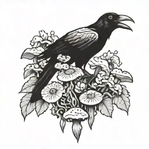 Crow With Mushrooms