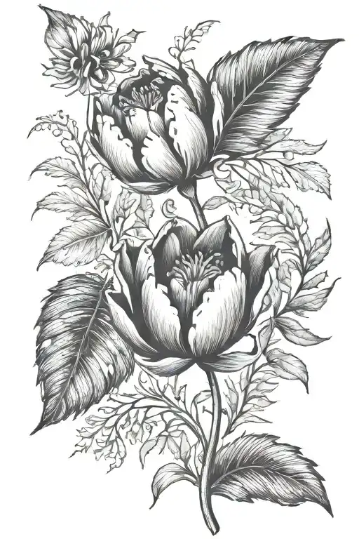 Dutch Tulip And New Zealand Fern Leaf Intertwined