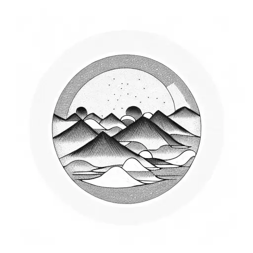 Mountains With Sunset And Water In A Circular Shape