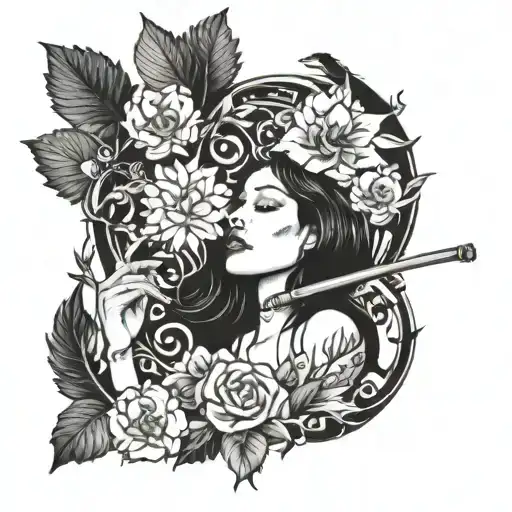 A Tattoo Design Of A Woman Smoking A Cigar Surrounded By Nature Elements Like Trees And Flowers