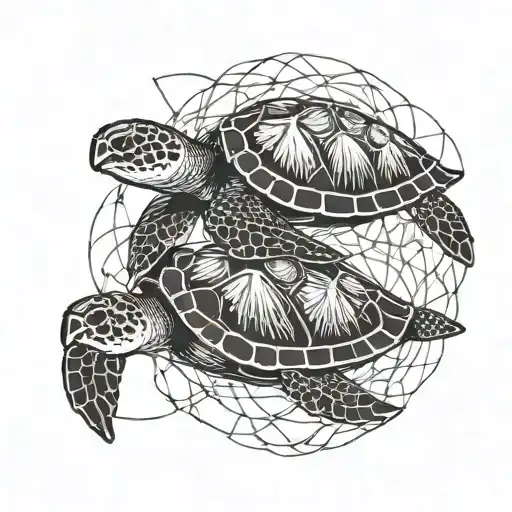 A Family Of Sea Turtles Swimming Together In A Geometric Ocean