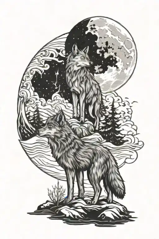 Wolf Fox Reaches For The Moon