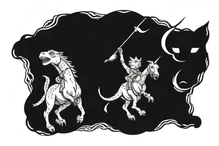 Cat Riding On The Back Of A Unicorn Being Chased By A T-rex
