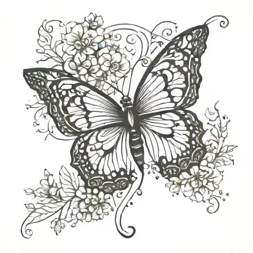 A Tattoo Of A Butterfly With Intricate Floral Details One Line Spine