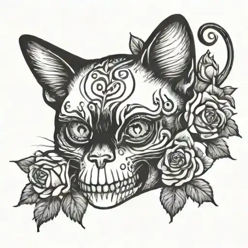 A Cat Playing With A Skull And Roses