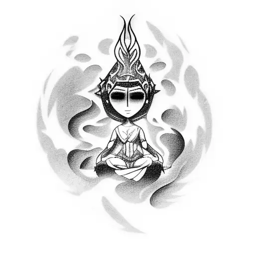 A Mystical Tattoo Of An Anime Character Meditating Under A Waterfall While Listening To Techno Music