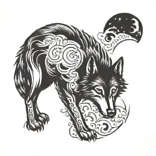 Wolf And Crescent Moon