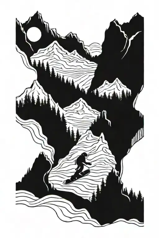 Mountains With Snowboarders Riding Down A Mountain