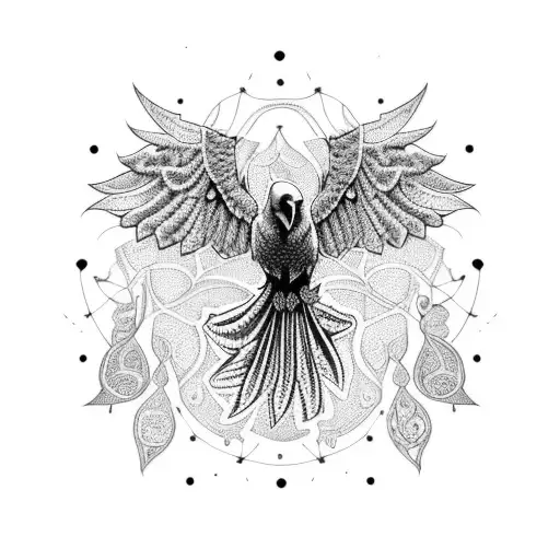 A Raven Wearing A Crochet Shawl Surrounded By Filigree Patterns