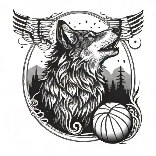 A Wolf Howling At A Full Moon While Surrounded By Musical Notes And Basketballs