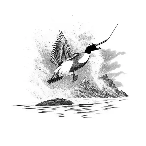 A Majestic Mallard Duck Flying Above A Serene Saltwater Fishing Scene