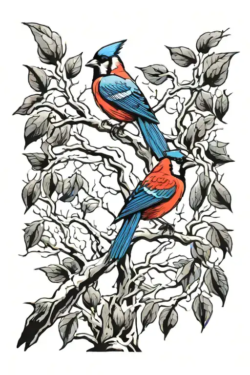 Willow Tree With Red Cardinal And Blue Jay Perched
