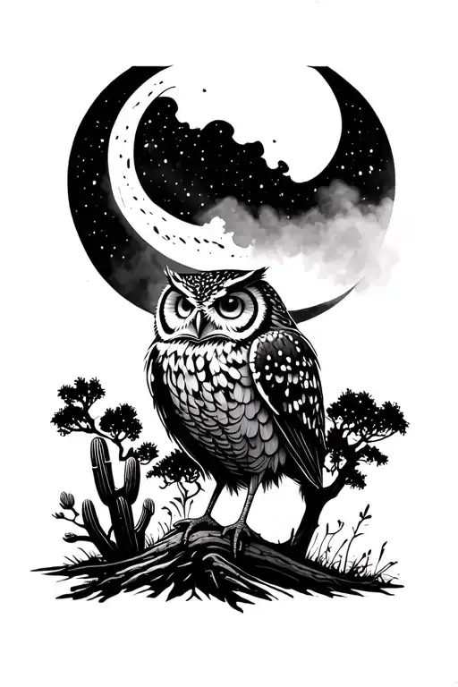 Texas Owl Moon Road Cactus Mist Trees Dark