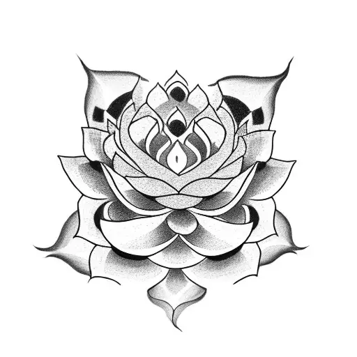 A Blackwork Tattoo Of A Snake Coiled Around A Blooming Lotus Flower