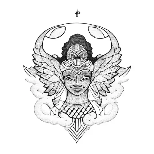 A Blackwork Tattoo Of An Angelic Figure With African Tribal Patterns Incorporated