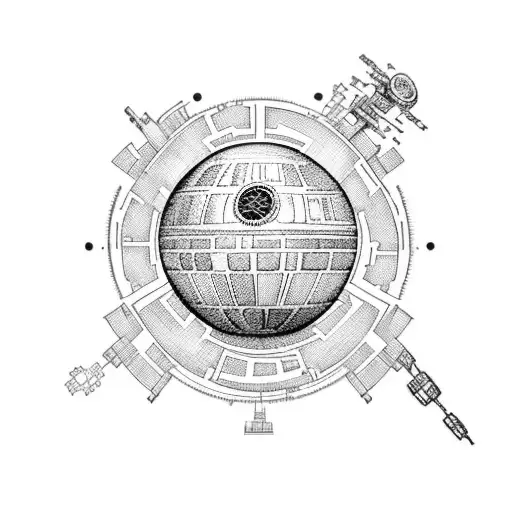 A Blackwork Tattoo Of The Death Star Surrounded By Medical Instruments