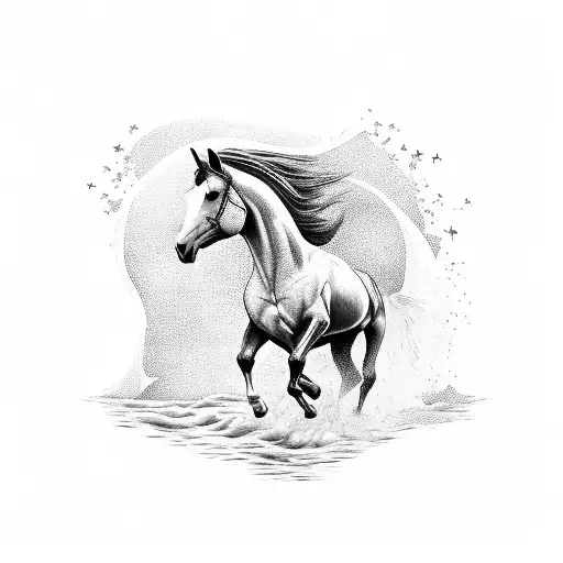 A Majestic Horse Galloping Through A River At Sunset