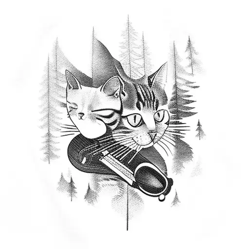 A Majestic Blackwork Tattoo Of A Cat Playing A Musical Instrument Amidst A Forest Of Trees