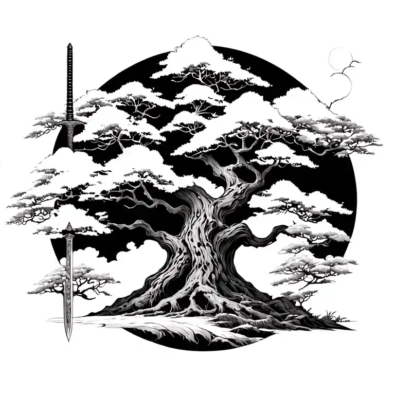 Japanese Style Large Black And White Tree With A Sword In The Ground