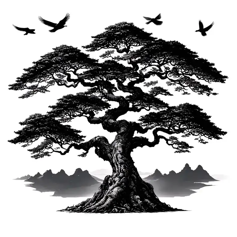 Japanese Style Large Black And White Tree With 4 Birds Flying In The Sky