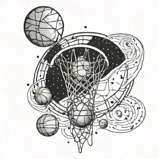 Basketball Hoop Transforming Into A Galaxy With Planets As Basketballs