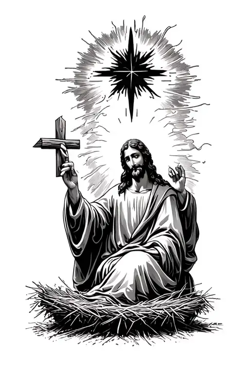 Jesus In A Manger With The North Star Above