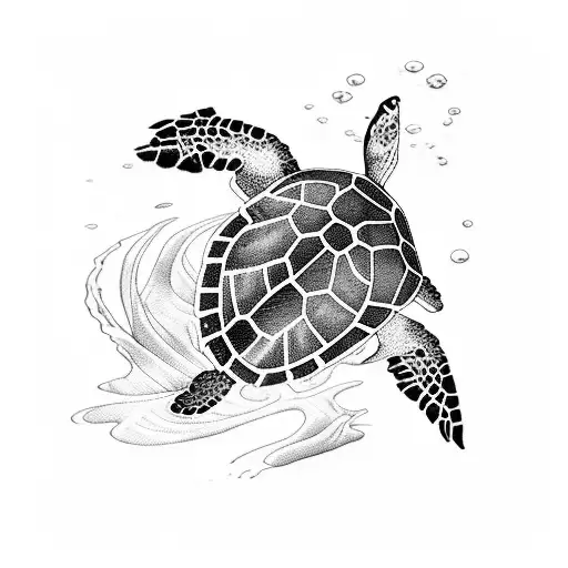 A Mesmerizing Blackwork Tattoo Of A Majestic Sea Turtle Swimming In The Ocean Waves