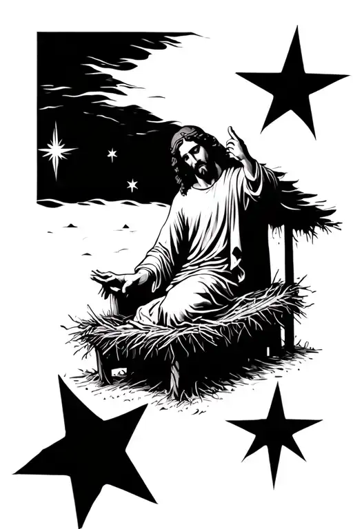 Jesus In A Manger With The North Star Above