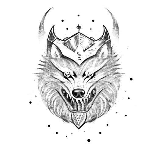 A Fierce Wolf With A Viking Helmet And Ax In Its Mouth