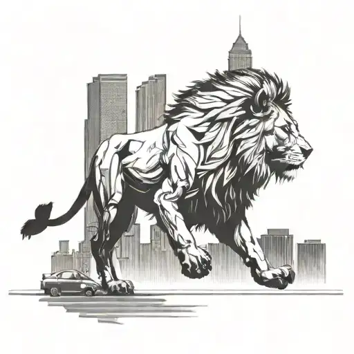 Lion Walking In The Middle Of The Street Surrounded By Skyscrapers Looking Ahead