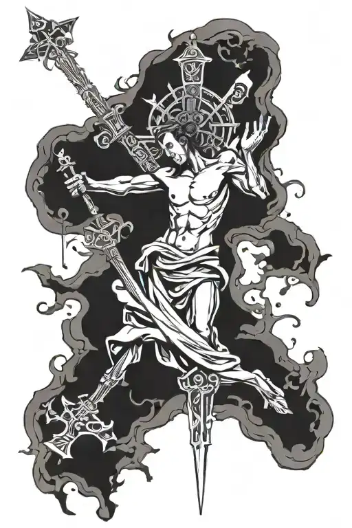 The Cross Made Out Of A Sword Piercing A Stone Angel Laying