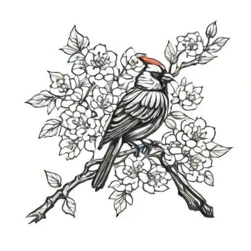 Simple Red Cardinal Sat On Blossom Branch