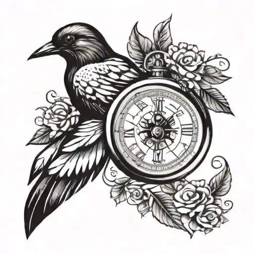 Pocket Watch And A Compass Surrounded By Two Sets Of Roman Numeral Dates A Magpie And Sheet Music