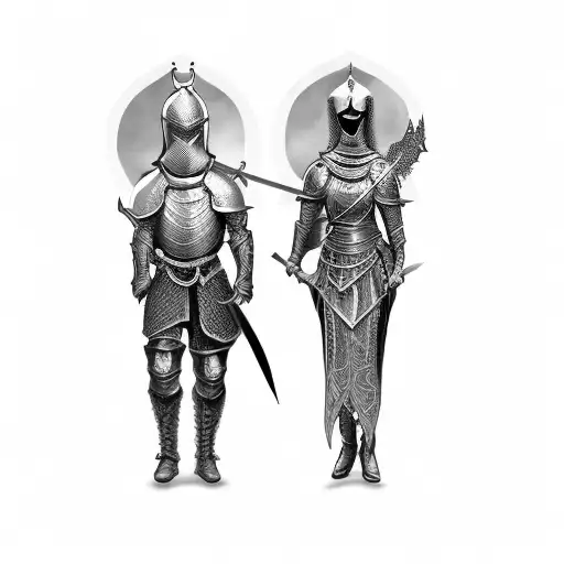 A Knight And A Woman Holding A Sword