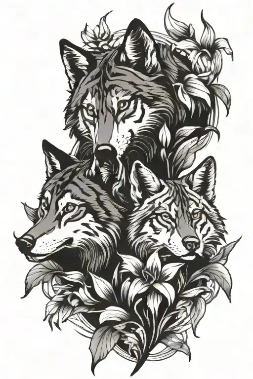 Two Wolves With 7 Tiger Lillies