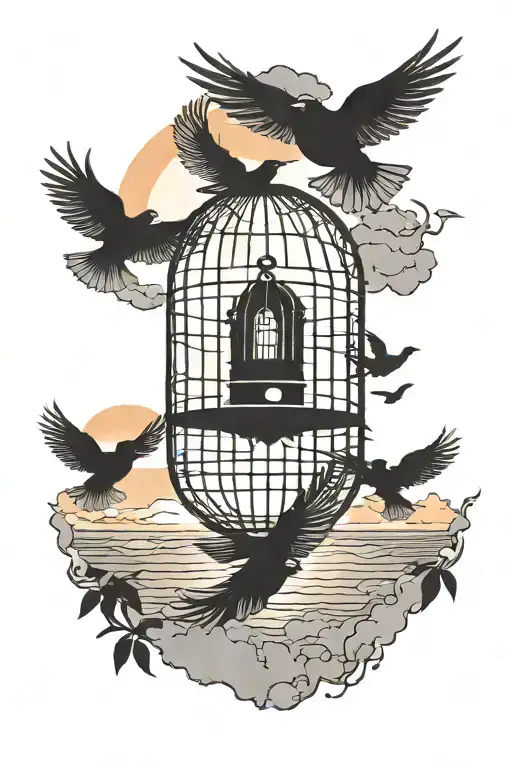 Cage And Bird Flying Into The Sunset