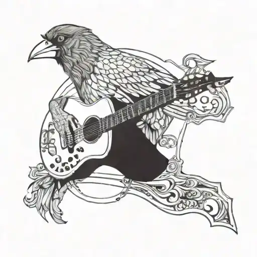 A Surreal Scene Of A Karga Bird Perched On A Guitar Neck