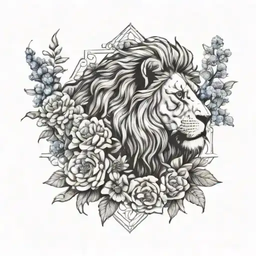 A Majestic Lion And Bear Intertwined With Delphinium And Marigold Flowers